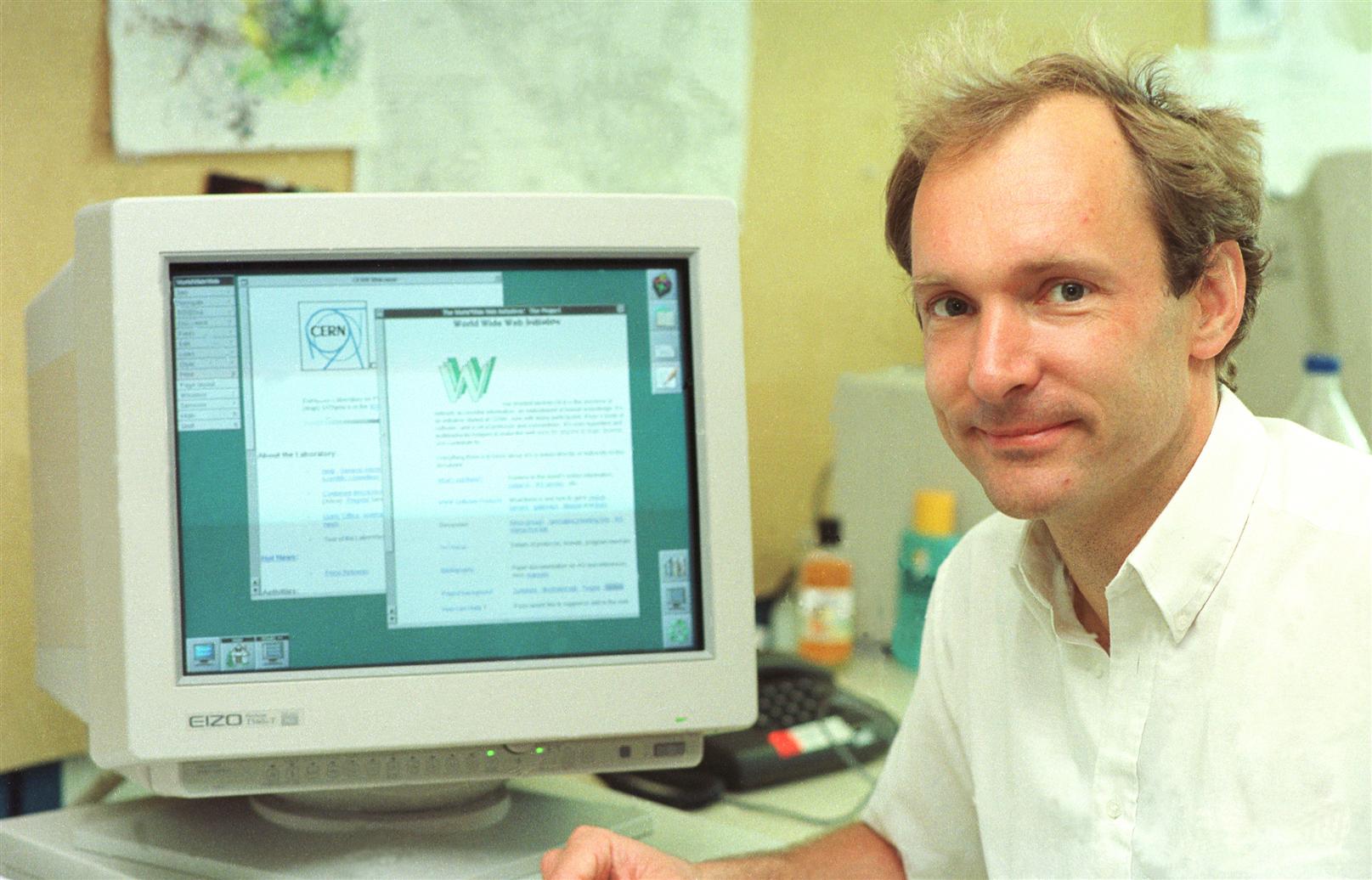 Image of Timothy Berners-Lee next to the world-wide-web